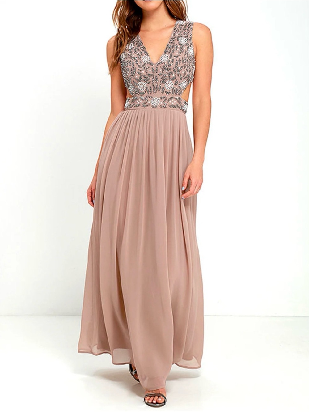 Lace & Beads Vera Taupe Beaded Maxi Dress - M